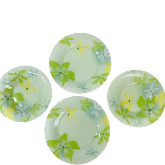 Luminarc 2 Dinner Plates 2 Salad Bowls Green Ode Tempered Glass Tableware Floral - Picture 4 of 11